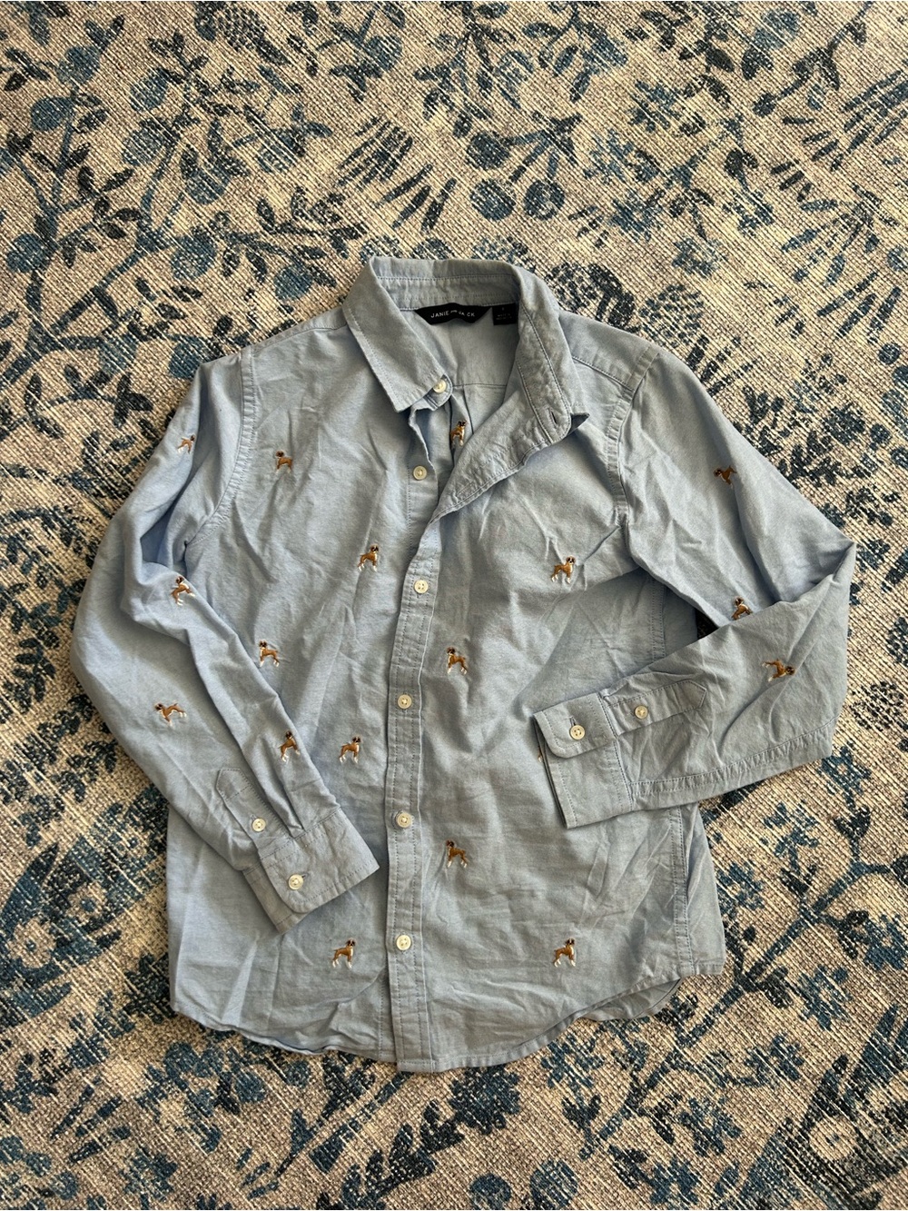 Janie and Jack Boys Shirt Size 8 Blue Embroidered Dogs Button Down Oxford Prep